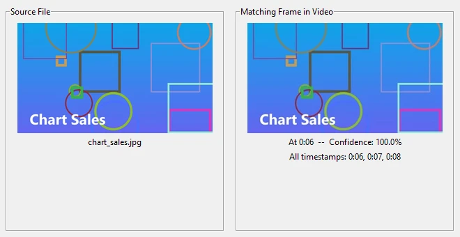 Source image next to the matching frame in the video, at 0:06 with 100% confidence