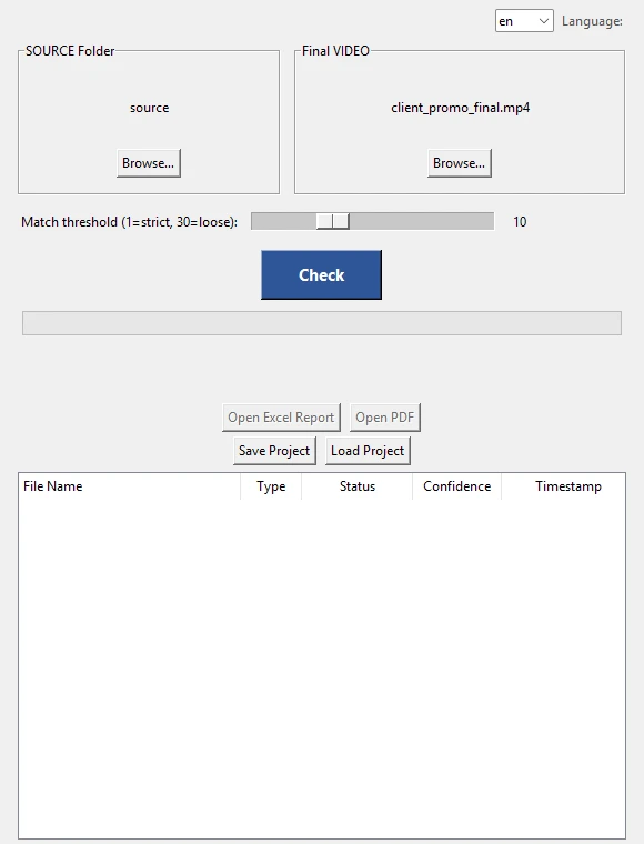 CheckFile window with a source folder and a final video selected