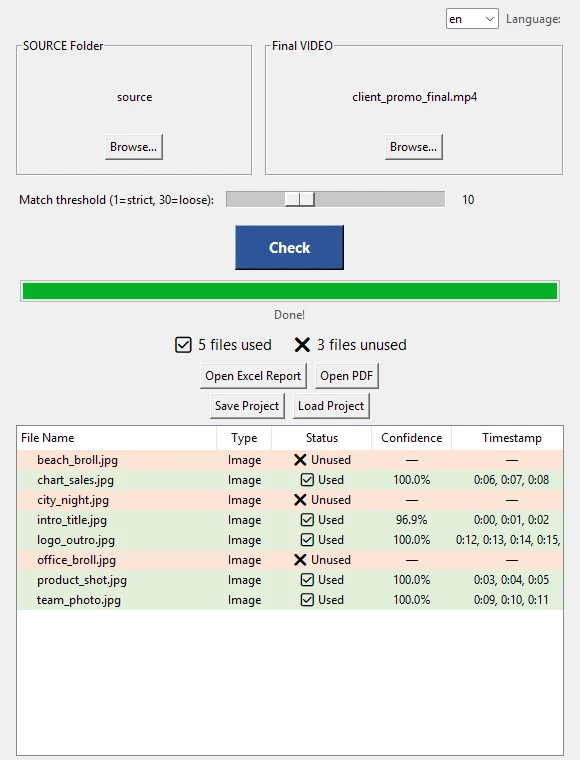 CheckFile results: 5 files used and 3 unused, each with confidence and timestamps