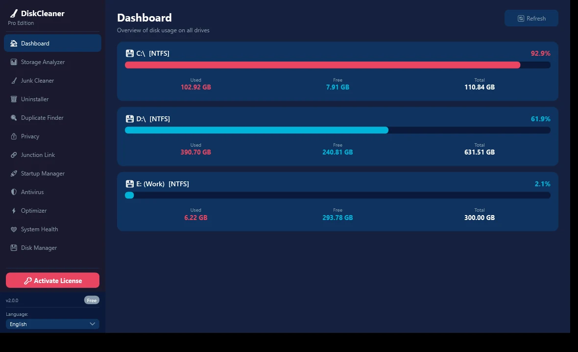DiskCleaner Pro dashboard showing used and free space on drives C, D and E