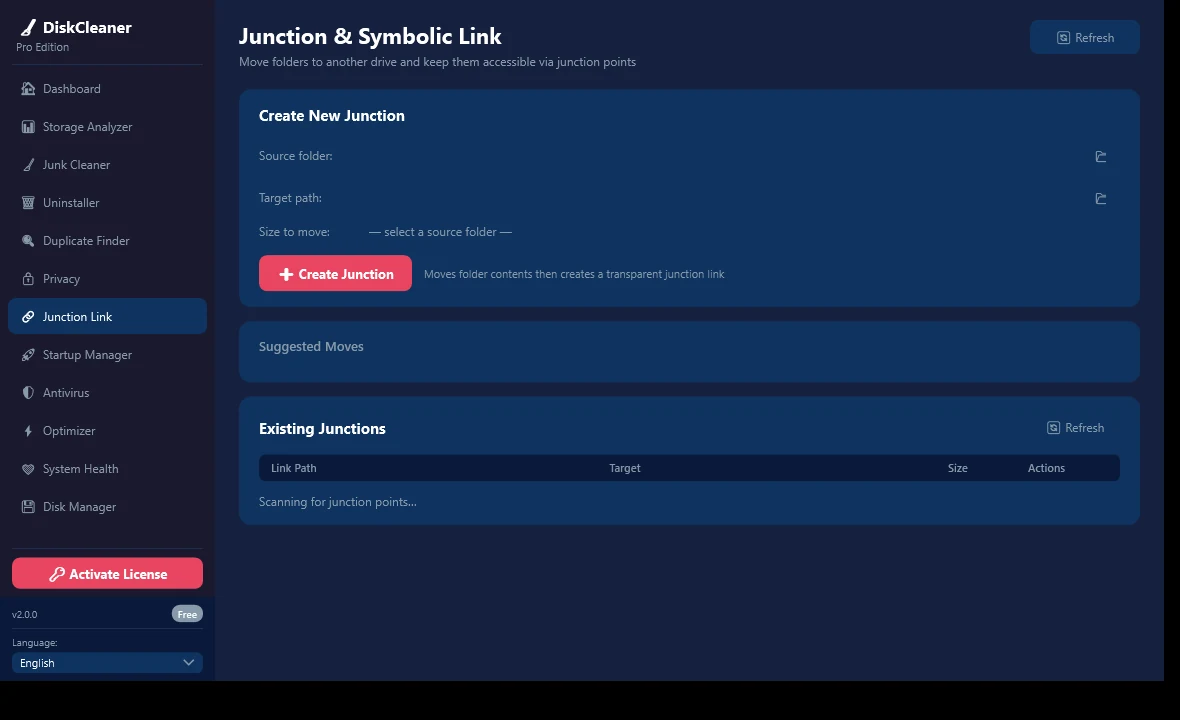 Junction Link screen for moving a folder to another drive while keeping its original path