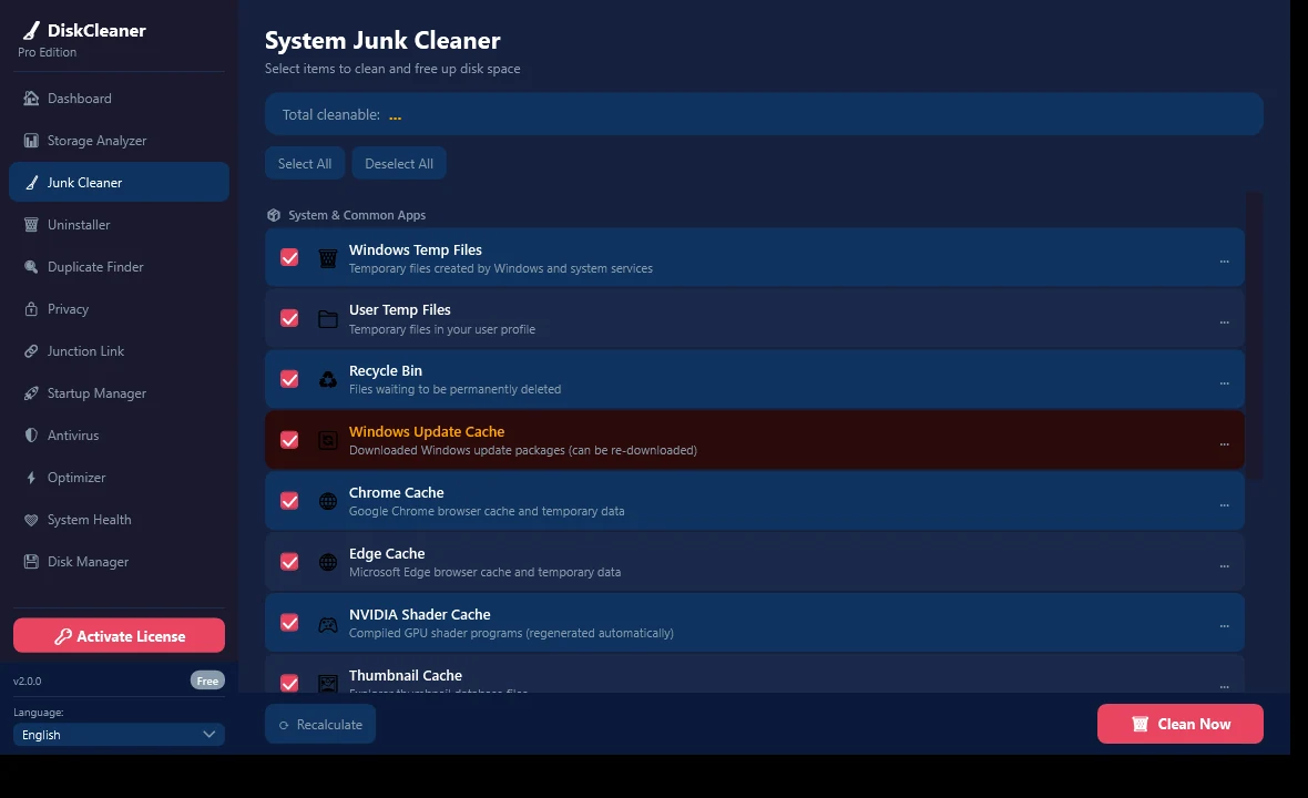 Junk cleaner list with Windows temp files, user temp files, Recycle Bin, Windows Update cache and browser caches