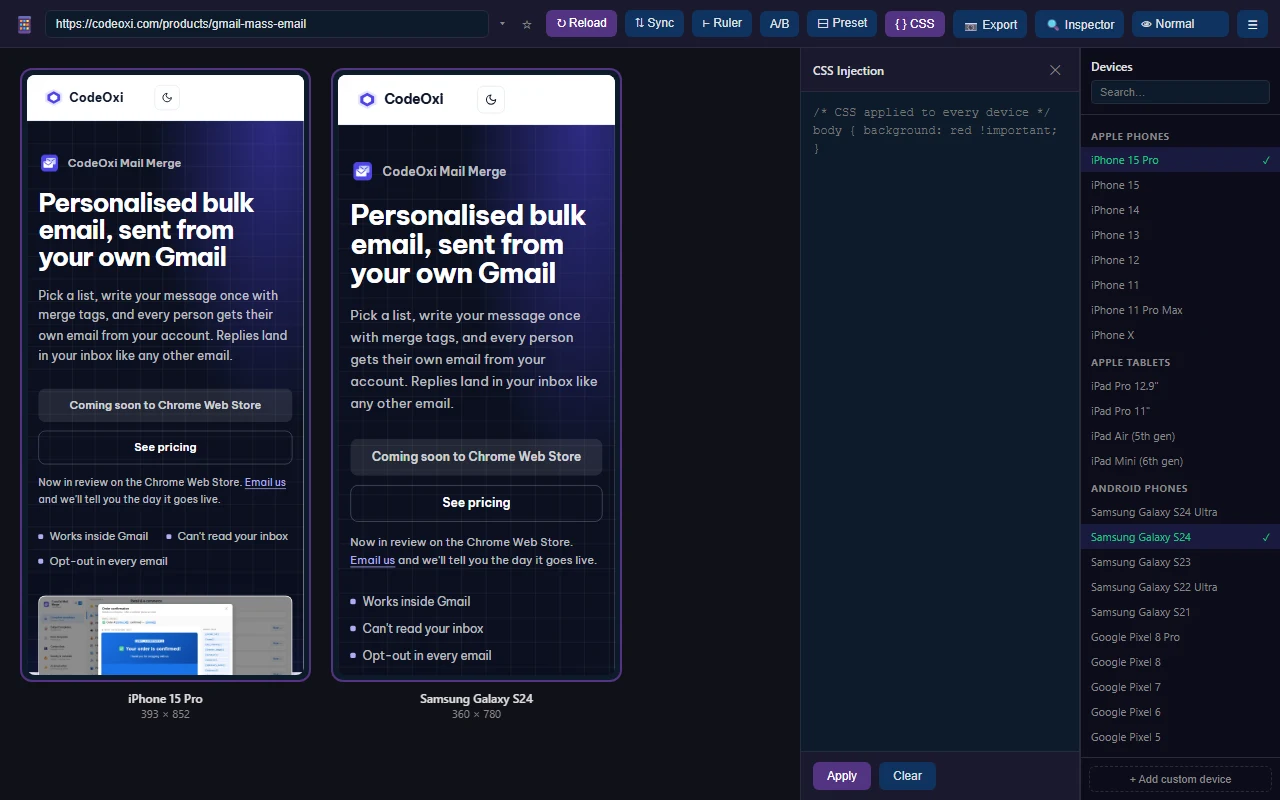 CSS injection panel open next to two phones, ready to apply a style change to every device