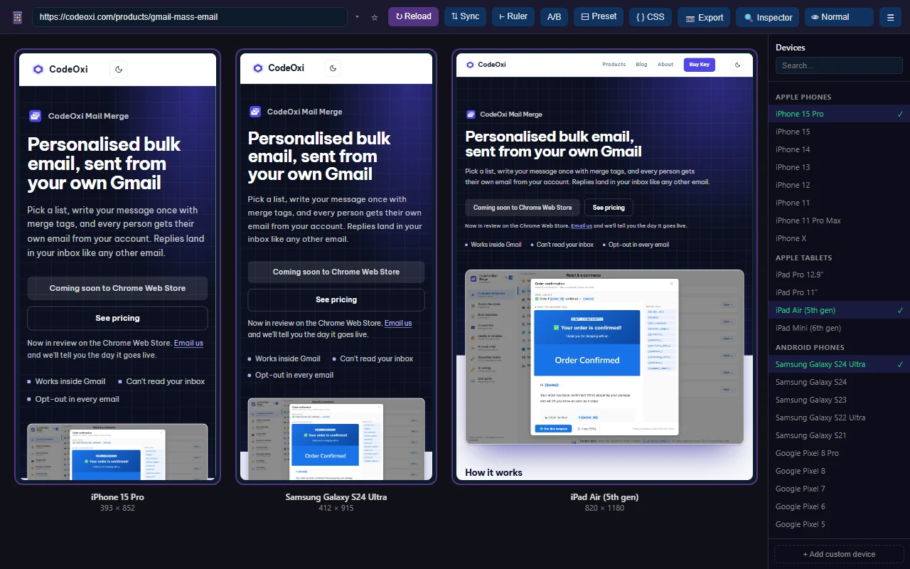 One web page shown on an iPhone 15 Pro, a Samsung Galaxy S24 Ultra and an iPad Air side by side, with the device list on the right