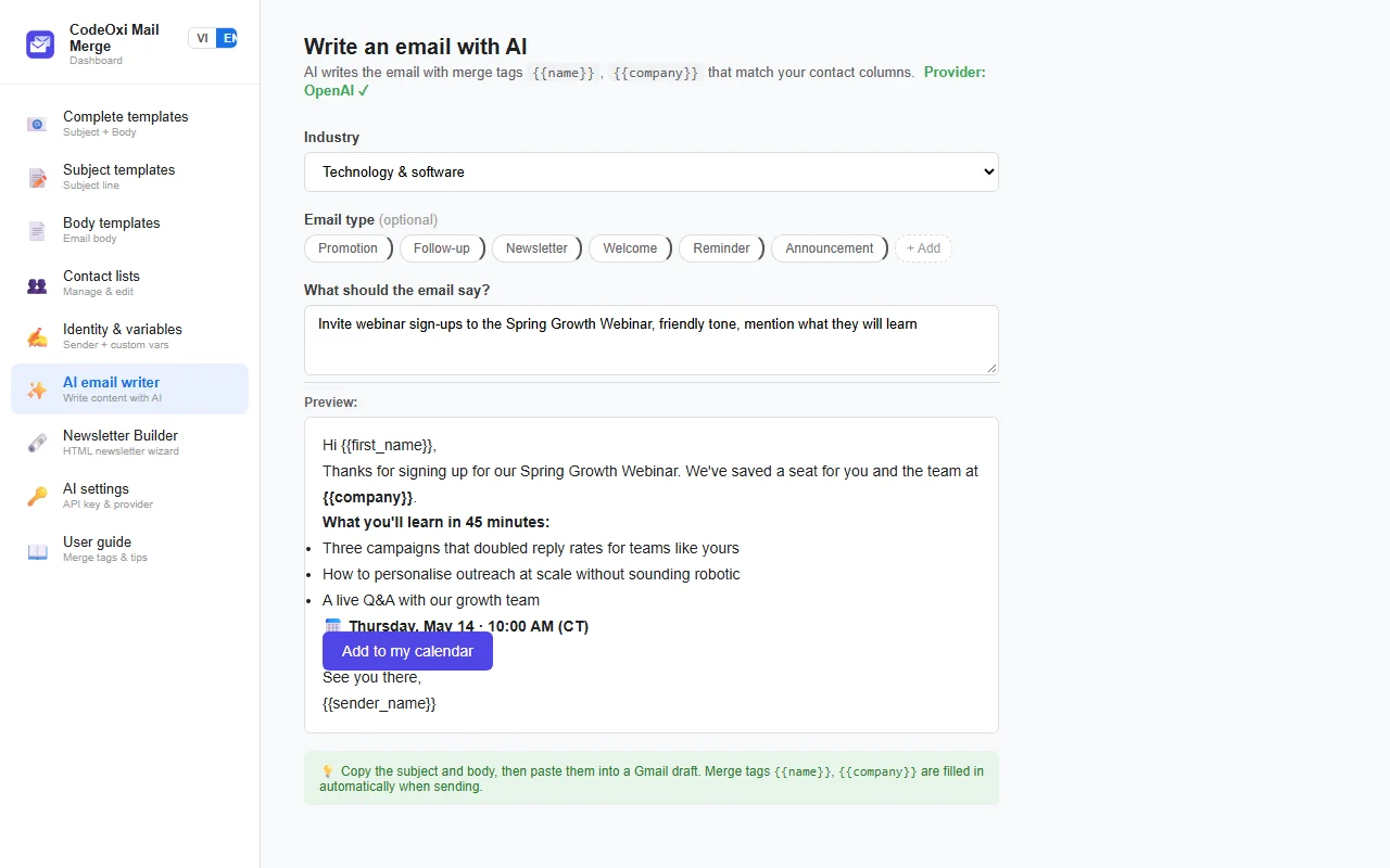 AI email writer with the request on top and the drafted email below