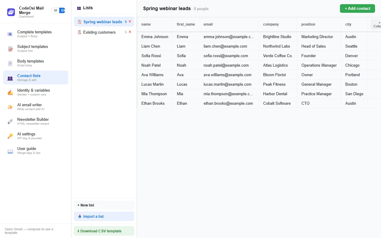 Contact list with name, email, company, position and city columns