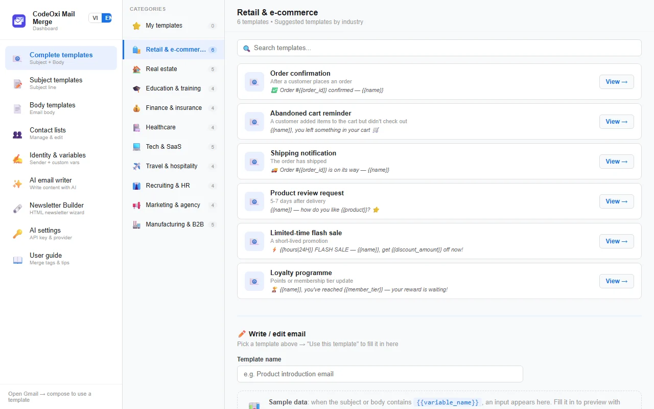 Template library grouped by industry, with order confirmation, abandoned cart and shipping templates