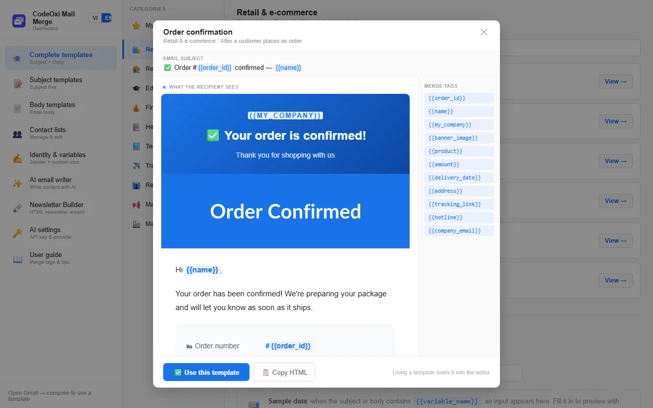Order confirmation template previewed in the CodeOxi Mail Merge dashboard, with merge tags such as {{name}} highlighted