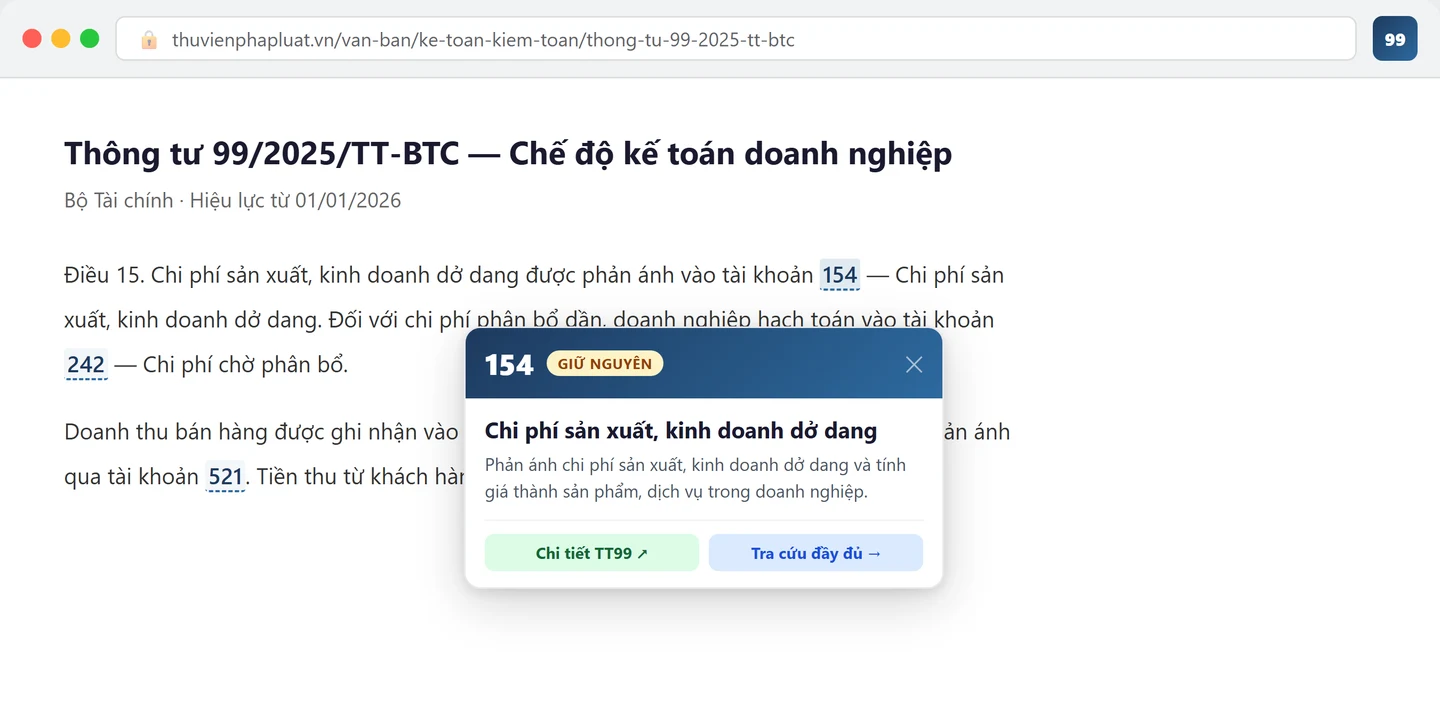 Circular 99 document page with account code 154 underlined and info box appears on hover